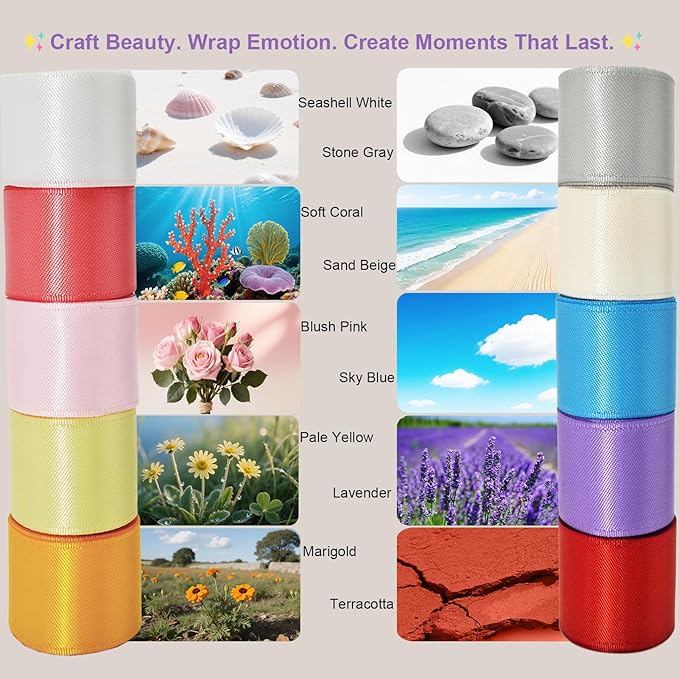 1-1/2 Inch Double-Faced Satin Ribbon 50 Yards Set,“Morning Meadow”–10 Nature Colored Ribbon Bulk for Gift Wrapping, Crafts, Flower Bouquet, Christmas Easter Wedding Party Decor, Hair & Bows