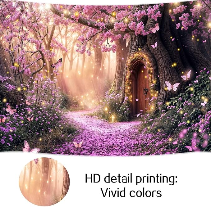 12X10ft Enchanted Forest Backdrop Fairy Tale Purple Garden Wonderland Tree House Floral Background for Kids Girl Baby Shower Birthday Party Decoration Banner Cake Table Photo Booth Props