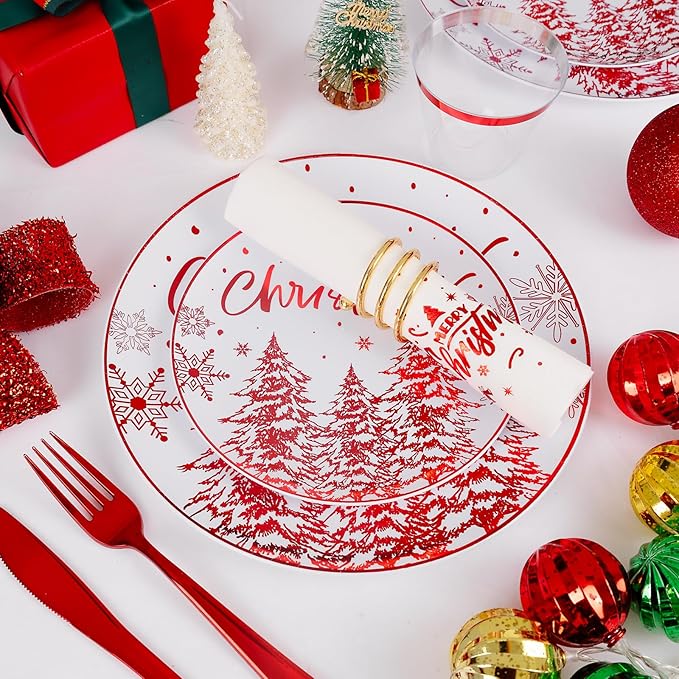 Rubtlamp 175 Pcs Christmas Plastic Plates And Napkins, Christmas Plates Disposable, White And Red Plastic Dinnerware Include 25Dessert Platos, 25Dinner Platos, 75 plastic cultery, 25Cups, 25Napkins