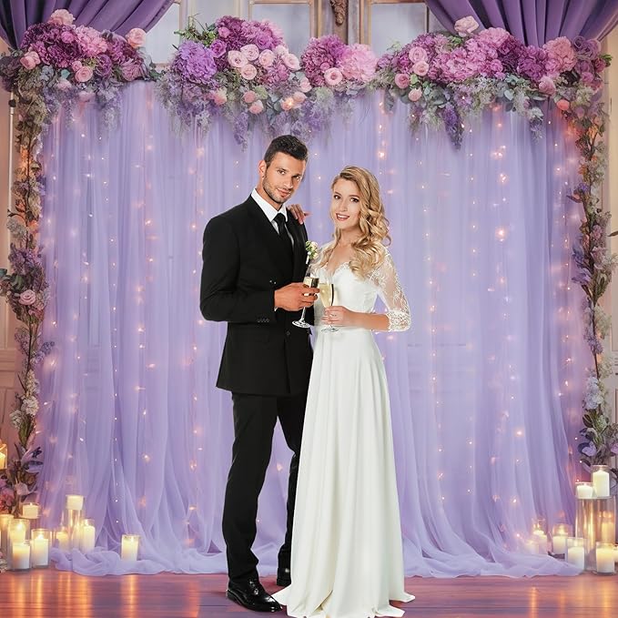 10ft x 8ft Purple Backdrop Curtain with Lights String for Parties, Sheer Tulle Wedding Photo Backdrops Drapes for Baby Shower Birthday Party Decorations Background for Photography