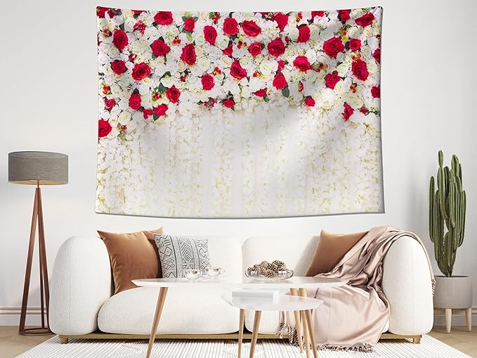 MAEQLQLM 17x10ft Wedding Flower Wall Backdrop Romantic Red White Floral Wall with Hanging Flowers Photography Background for Wedding Party Decor Bridal Shower Photo Booth Props