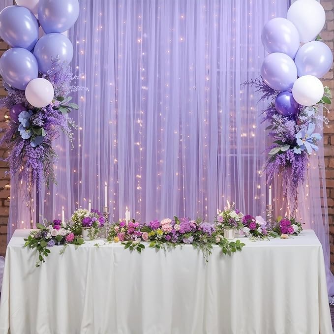 10ft x 8ft Purple Backdrop Curtain with Lights String for Parties, Sheer Tulle Wedding Photo Backdrops Drapes for Baby Shower Birthday Party Decorations Background for Photography
