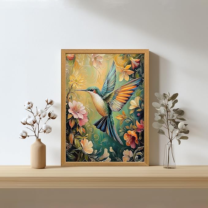 LLEEMPI William Morris Wall Art, Vintage Bird Floral Wall Decor, Hummingbird Flower Canvas Painting, Colorful Nature Botanical Aesthetic Picture for Living Room Bedroom Kid Room Wood Framed 12x16 inch