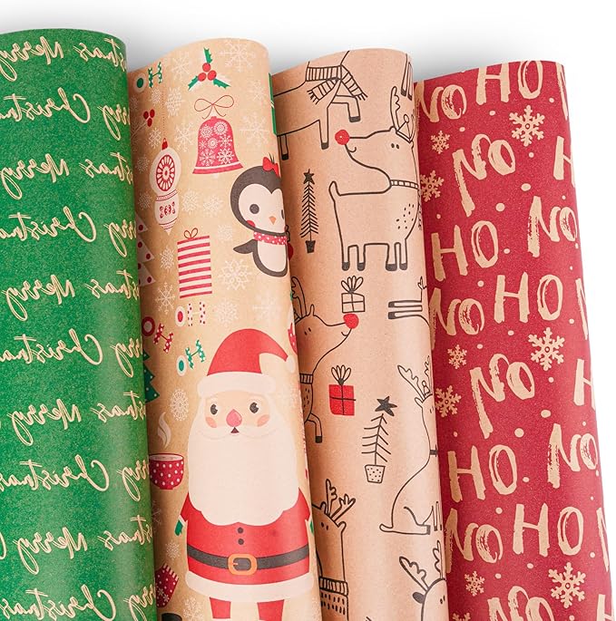 Happypapa Christmas Wrapping Paper, Kraft Xmas Wrapping Paper Rolls - Santa Claus, Gift, Reindeer and Merry Christmas Pattern - 4 Rolls - 17 Inch × 120 Inch Per Roll