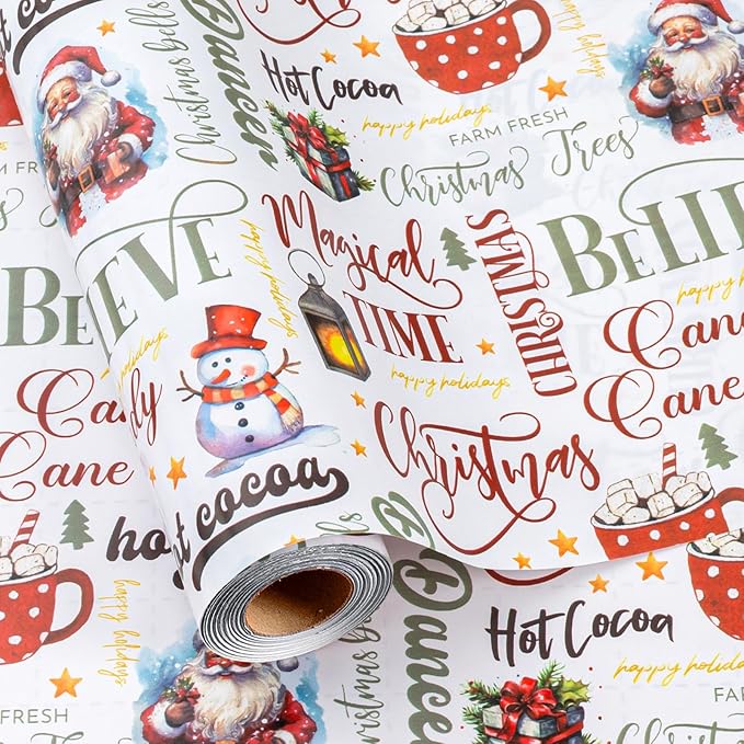 MAYPLUSS Christmas Wrapping Paper Roll - 17 In x 33 Feet - Cute Watercolor Santa Claus Snowman Christmas Gift Wrap Paper for New Year, Holiday, Kids