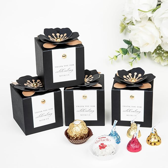 FEIYI 20 PCS Candy Boxes, 3 In 1 Black Favor Boxes with Floral Decor, White Thank You Tags Gift wrapping for Wedding Birthday Baby Shower Decorations Party -2.55x2.55x2.55''