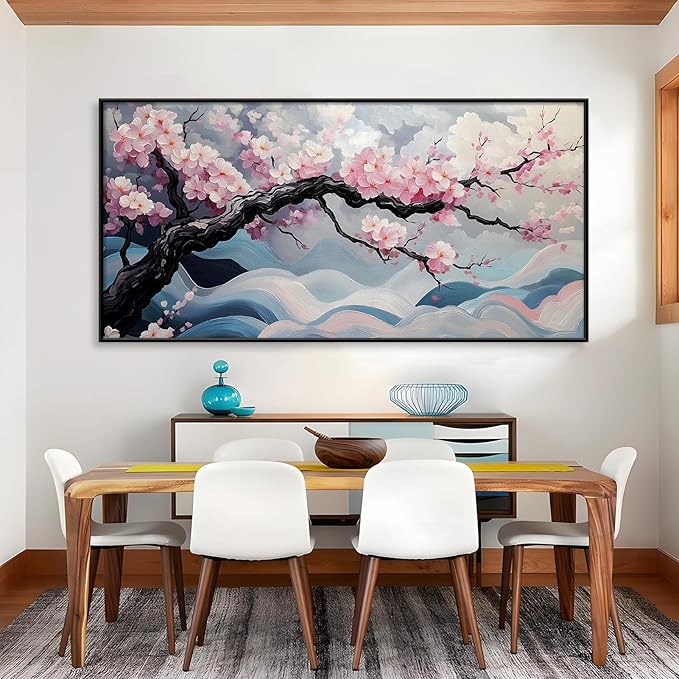 Japanese Cherry Blossom Canvas Wall Art, Sakura Tree Canvas Print, Pink Floral Pictures, Cherry Blossom Tree Wall Art, Flower Branch Decor, Nature Prints for Living Room (Black Framed, 55"x27" | 140x70cm)