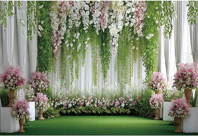 Baocicco Flowers Wedding Backdrops 5x3ft Green White Pink Floral Engagement Background Bridal Shower Backdrop Proposal Wedding Party Decoration Backdrop Valentines Day Banner Supplies