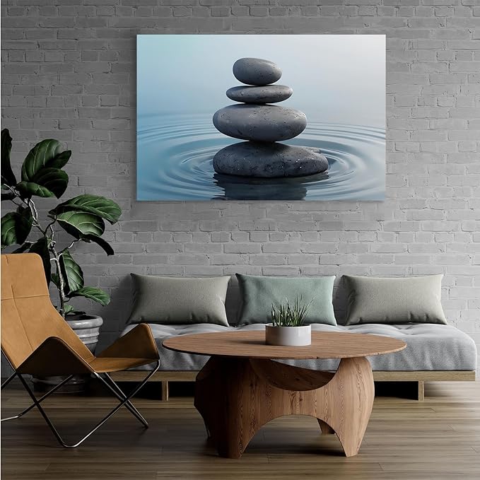 Zen wall art Harmonious grey stones stacked on a calm surface of water Serene Zen decor suitable for tranquil homes and spaces of meditation 20x30in Frameless
