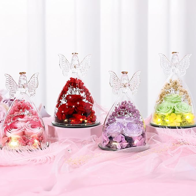 Christmas Rose Gifts for Women Preserved Real Flower in Glass Angel Figurines Roses for Delivery Prime Birthday Gifts for Mom Grandma Girlfriend Wife Her, Pearlescent Purple