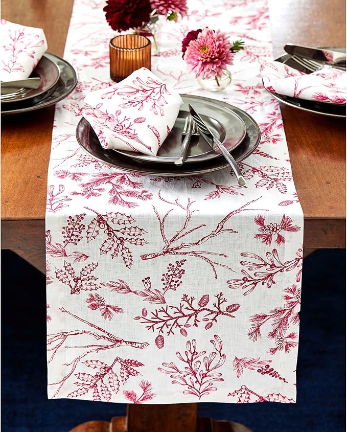 Solino Home 100% Pure Linen Christmas Table Runner 144 Inches Long - Red/White Table Runner 14 x 144 Inch - Handcrafted and Machine Washable - Winter Forest Print