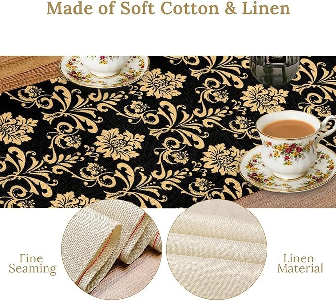 Gold Damask Table Runner,Gothic Antique Victorian Floral Boho Table Runner for Home Kitchen Table Dining Garden Farmhouse Wedding Party Decor 13x108 Inch