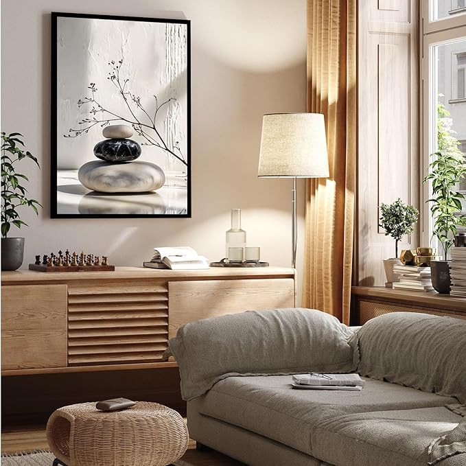 Gray and black stone pile and dried flowers poster canvas wall art in harmony Minimalist wall art for tranquil homes and mindful spaces 20x30in Metal blackFramed