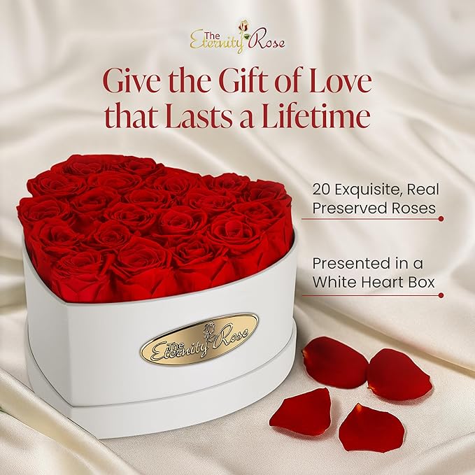 The Eternity Rose 20-Piece Preserved Roses in a Luxury Gift Box – Real Roses in White Heart Box – A Valentine’s Gift as Everlasting as Your Love