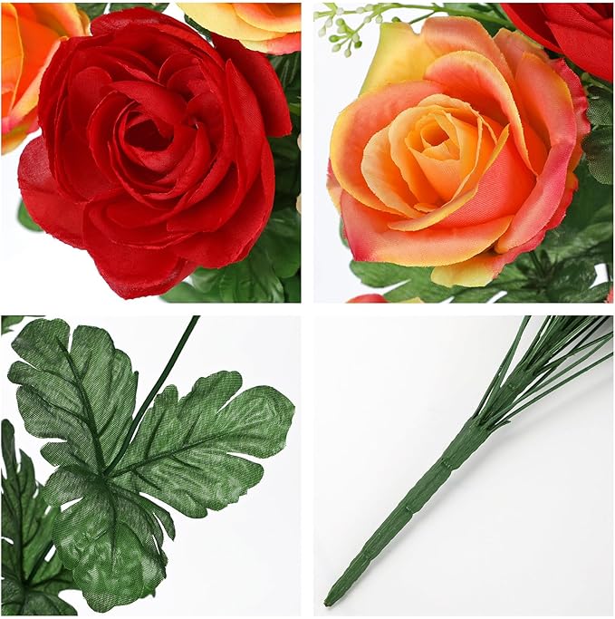 Hollyone Set of 2 Artificial Cemetery Flower for Graves Red Orange Cemetery Memorial Flowers for Outdoor Grave Decorations Silk Flower Arrangements Rose Ranunculus Gerbera Floral Flowers Bouquets