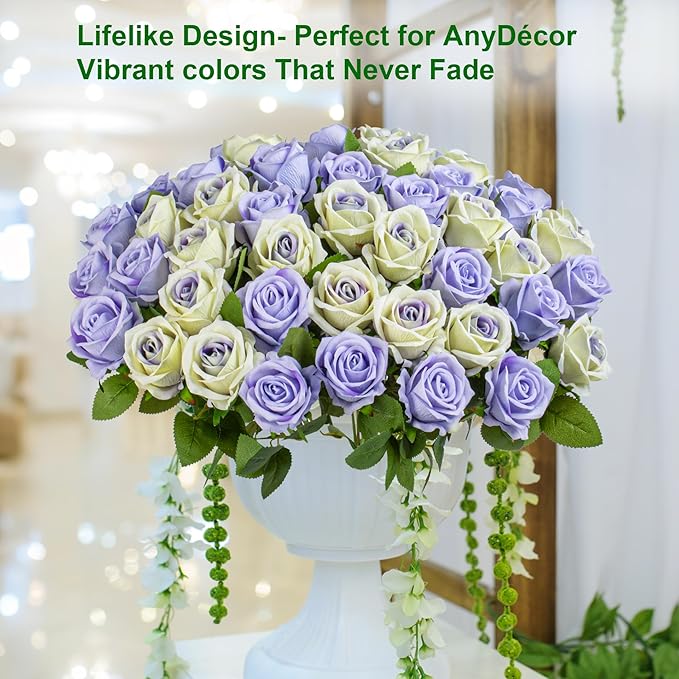 Fake Plants Roses Flowers Plastic Flowers Spring Decorations for Home Gifts for Gf Roses Artificial Flowers for Vase Fake Flowers Home Decor 19.6"(LPU & Pu Heart 50PCS)