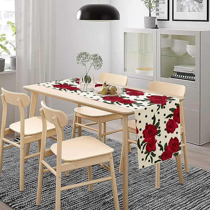 Red Rose Print Table Runner, Romantic Valentines Vintage Rose Spring Summer Dinner Runner Table Decoration for Home Kitchen Dining Holiday Wedding Party 13x70in