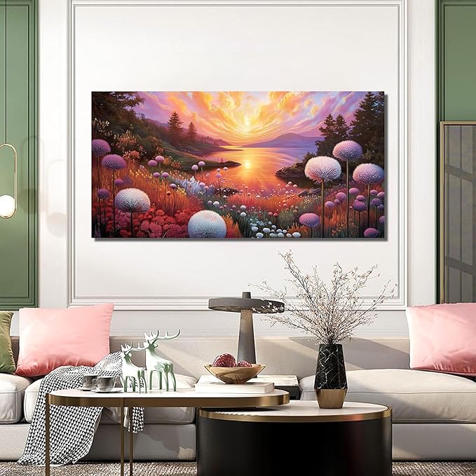 Sunset Panoramic Canvas Wall Art, Purple Floral Meadow & Green Tree Landscape with Gold Accents Picture for Living Room Bedroom Wall Decor, Print Painting Artwork Decoration, Large Size 58x29 Inches