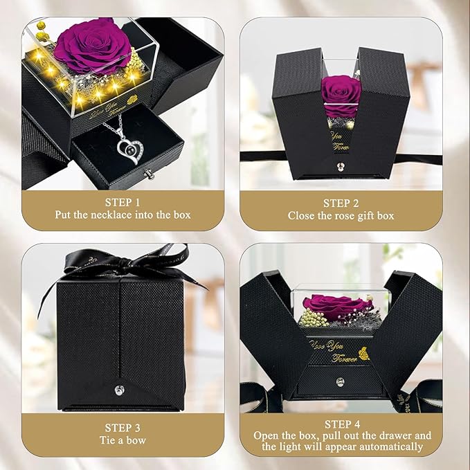 Preserved Real Rose-Eternal Flowers Purple Rose Gifts for Women Her Mom Wife Girlfriend on Valentines Mothers Day with I Love You Necklace 100 Languages Engraved Acrylic Block Puzzle Piece