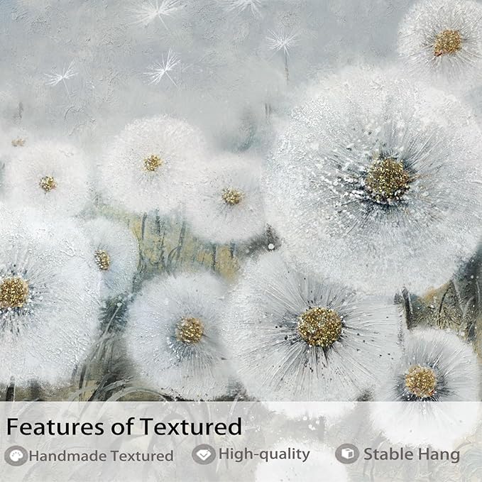 Ardemy Flower Wall Art Canvas Dandelion Painting White Floral Picture, Textured Large Framed for Living Room Bedroom Kitchen Dining Room Home Office Decor 48"x24"