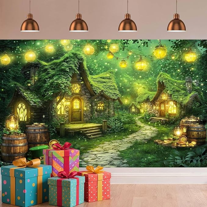 7X5ft St. Patrick's Day Backdrop Magic Enchanted Forest Green House Lucky Irish Shamrock Gold Coins Wonderland Photography Background for Kids Girls Party Decoration Cake Table Photo Booth Props