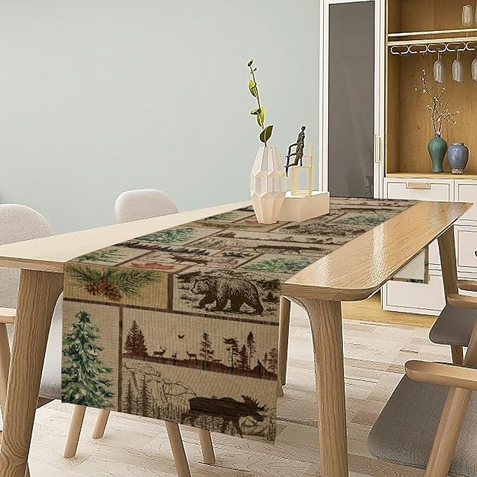 Rustic Cabin Table Runner, Farmhouse Deer Bear Retro Pine Forest Wooden Plank Wild Animal Seasonal Coffee Table Center Decor for Home Kitchen Dining Patio Holiday Party Table Decorations 13x72 inches