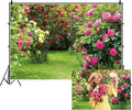Renaiss 8x6ft Spring Garden Backdrop Red Pink Rose Flower Park Floral Green Leaf Grass Natural Landscape Photography Background for Wedding Bridal Shower Party Decor Photo Booth Props