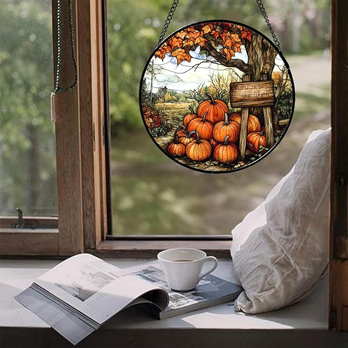 Stained Glass Window Hanging Fall Farm Scenery Maple Trees Pumpkin Large 11.8" - Suncatcher Door Garden Kitchen Sun Catcher Autumn Decor Birthday for Mom Nana Men Woman Friend