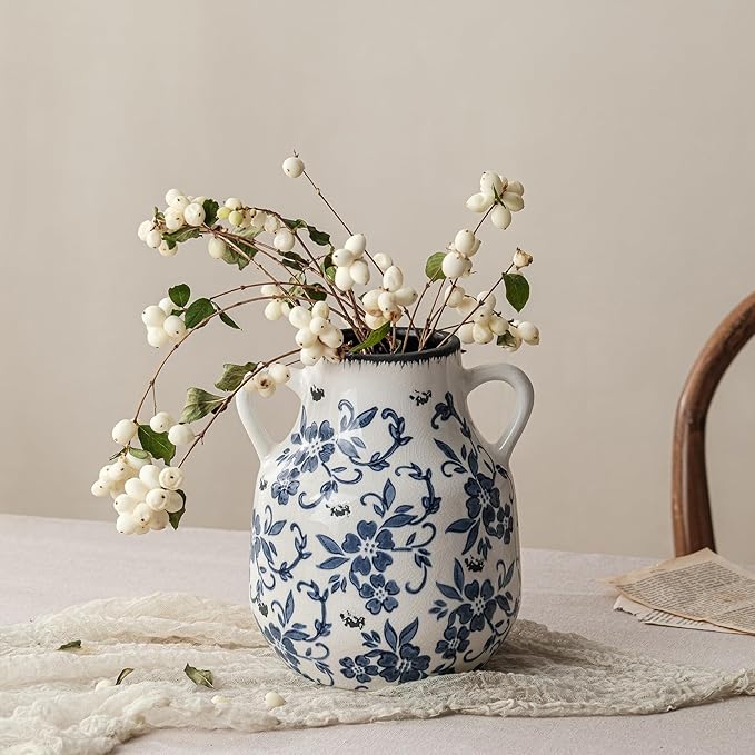 Blue and White Vintage Round Flower Vase with 2 Handles, Chinoiserie Floral Vase, Retro Ice Cracked Ceramic Large Vases for Home Decor, Living Room, Grand Millennial Chinoiserie Decor, 7.7 Inch