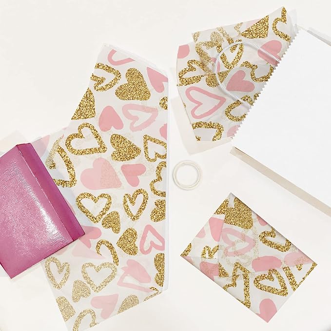 Pro Supply Global Pink and Gold Hearts Printed Tissue Paper for Valentine's Day Gift Bags or Boxes and Wrapping - Bulk Decorative Art Tissue Paper for Packaging and Gifting | 24 Sheets 20" x 30"