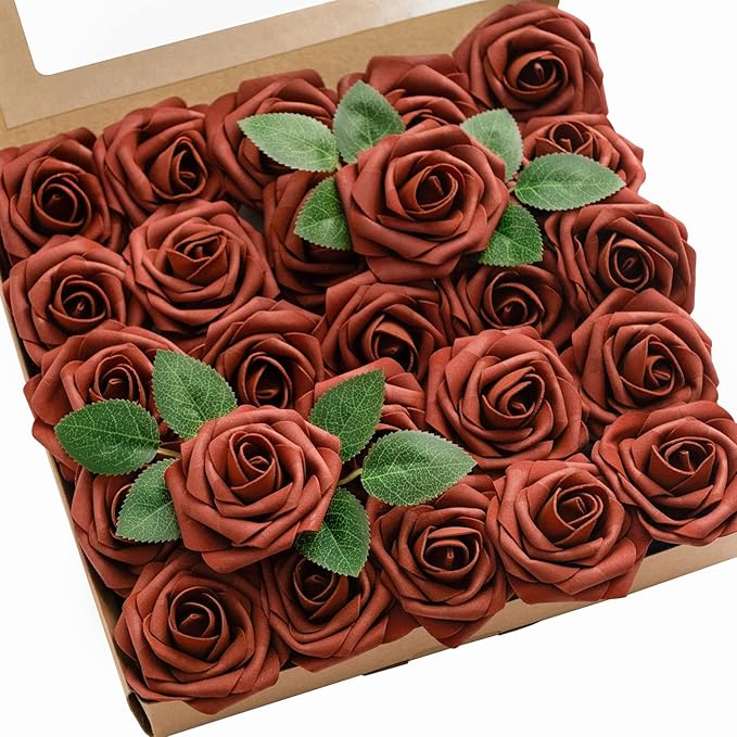 Ling's moment Fall Artificial Flowers 25Pcs Amber Roses Decor w/Stems,3" Real Touch DIY Foam Floral for Wedding Bouquet/Centerpieces, Outdoors Party Backdrop, Room/Table, and Garden/Pot Decorations