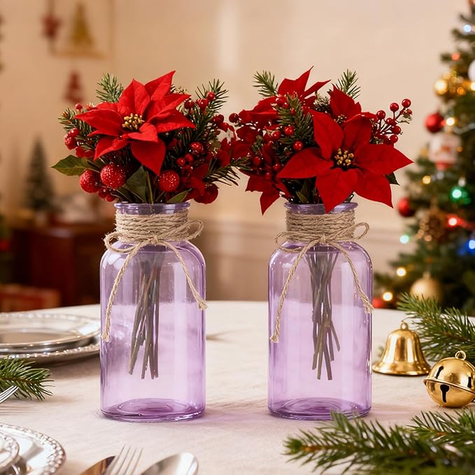 Vintage Glass Flower Vase，6 Pack Farmhouse Purple Glass Centerpiece Vases Mason Jars for Weddings, Parties & Home Decor Bulk (6, Purple)