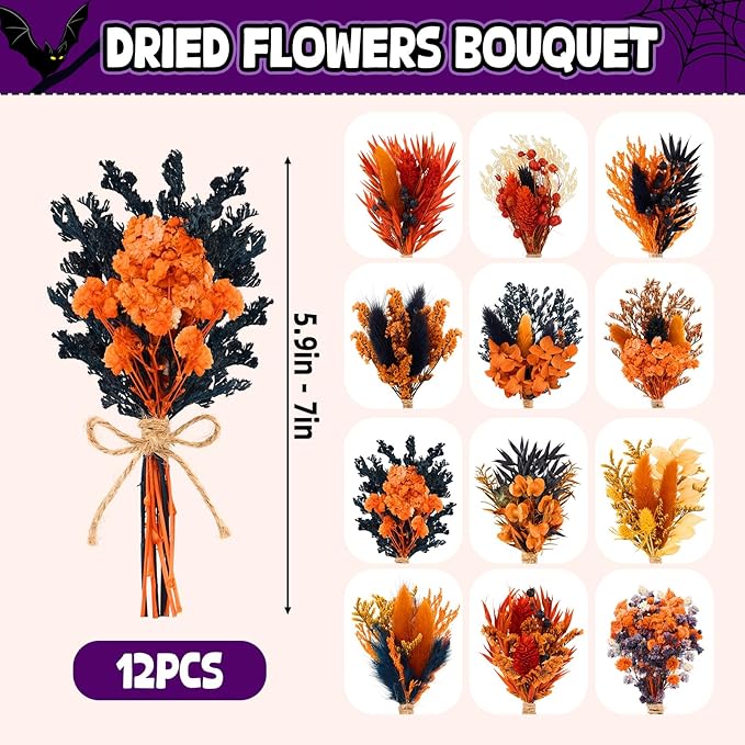 12/24 PCS Charming Dried Flowers Bouquet for Vase Various Dried Wildflowers with Stems Mini Handmade Wildflowers Natural Real Flowers Bulk Flowers Craft (Orange Soul, 12PCS)