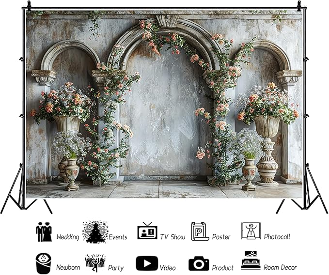 Baocicco 8x6.5ft Flower Castle Wall Photography Background Vintage Arch European Palace Victoria Wall Backdrop Women Themed Party Birthday Decorations Bridal Shower Ceremony Engagement Photoshoot