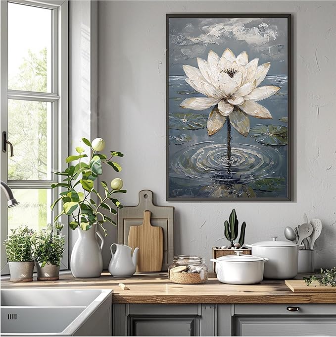 Stunning white lotus emerges from prismatic water with delicate petals background Serene aquatic wall art suitable for modern minimalist decor 12x18in Metal blackFramed