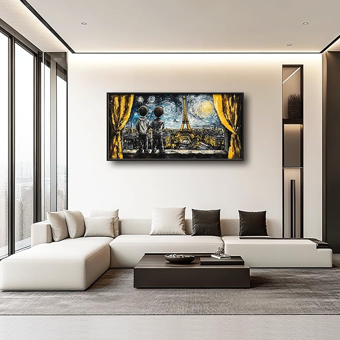 Graffiti Banksy Large Wall Art Inspirational Eiffel Tower Pictures Wall Decor Above Over Bed Canvas Prints Painting Framed Artwork Decoration For Bedroom Living Room 60"x30"