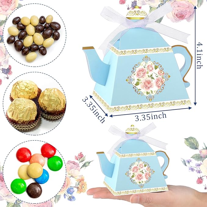 Jetec 100 Pcs Teapot Candy Box Floral Flower Tea Party Favor Gift Box Candy Boxes for Tea Garden Wedding Favors Bridal Showers Brunches Birthdays Decorations(Blue)