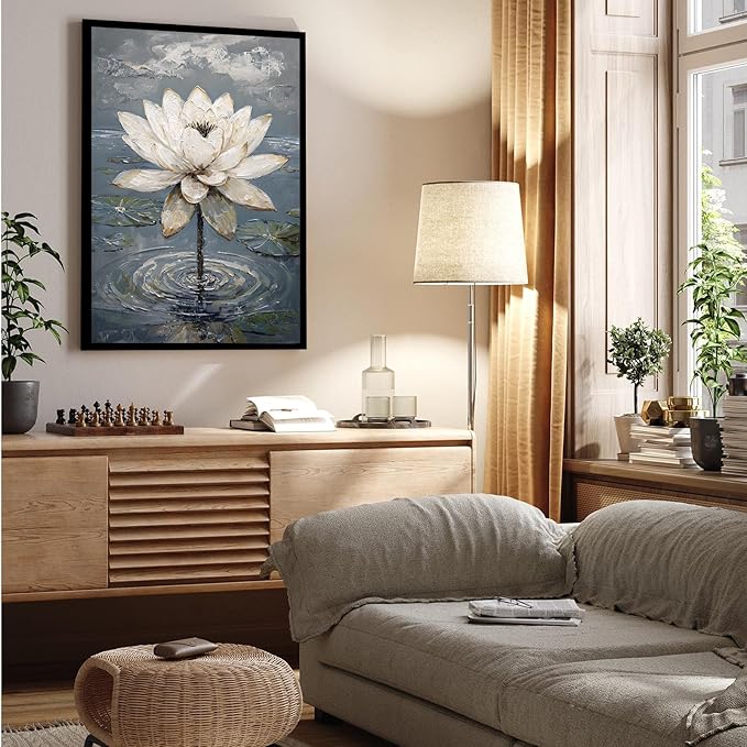 Stunning white lotus emerges from prismatic water with delicate petals background Serene aquatic wall art suitable for modern minimalist decor 12x18in Metal blackFramed