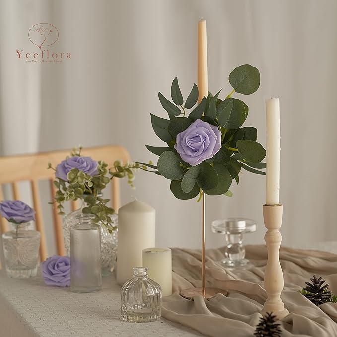 Artificial Flowers, 25pcs Artificial Rose for DIY Wedding Bouquets Centerpieces Arrangements, Purple Foam Rose with Stem for Bridal Shower Party Home Decorations