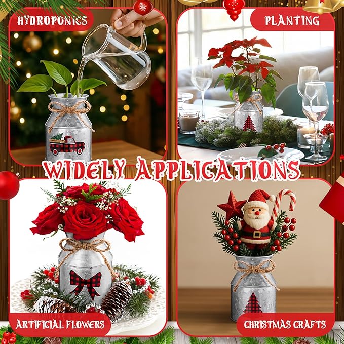 Domensi 3 Pcs Christmas Flower Vases for Table Centerpieces Bulk 5.12 Inch Metal Galvanized Farmhouse Flower Buckets with Bow Rustic Xmas Milk Can Jug for Kitchen Dining Room Table Decor (Iron)