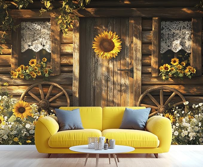 KIREUPA Rustic Cabin Sunflower Wall Mural, Vintage Cottage Door Sunflower 3d Wall Murals, Farmhouse Nature Wallpaper Mural, for Living Room Bedroom Large Wallpaper Indoor Decor 118" W x 82.6 "H
