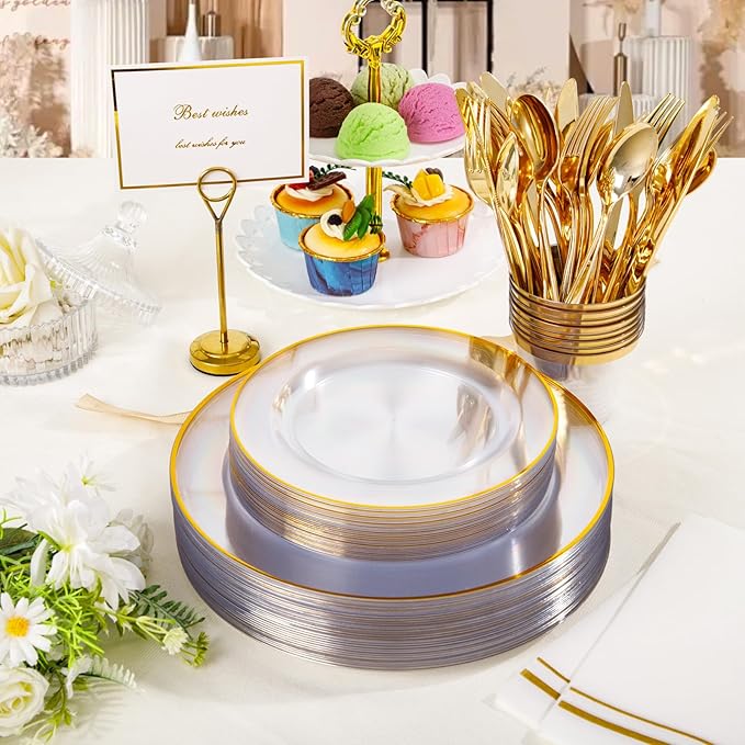 SUT 700Pcs Plastic Dinnerware Set for 100 Guests, Clear and Gold Plastic Plates, Disposable Plates and Napkins Party Supplies, Gold Silverware, Plates, Cups and Napkins Sets for Party Weddings