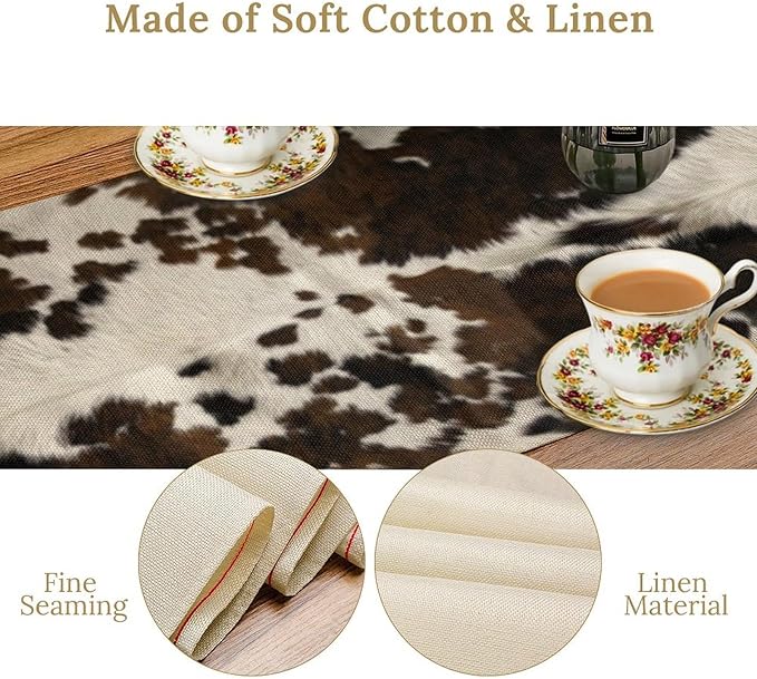 Cow Print Table Runner, Brown Cowhide Print Western Style Table Runner Country Farmhouse Cottage Cow Patten Table Decoration for Home Kitchen Dining, 13x90 Inch