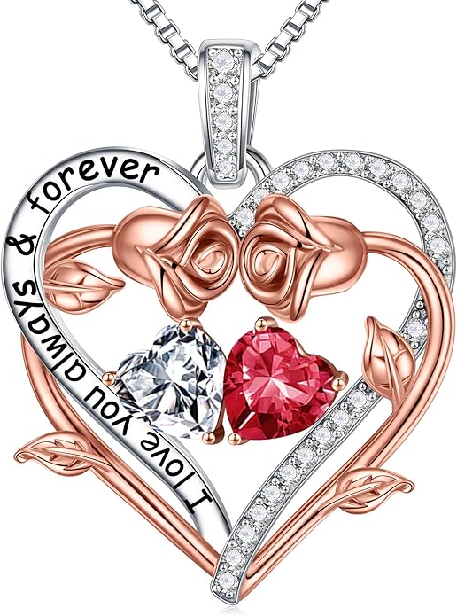Iefil Rose Heart Double Birthstone Necklace Gifts for Wife Her Mom Women, Birthstone Jewelry Gemstone Birthday Gifts for Girlfriend Grandma Her Wife Women
