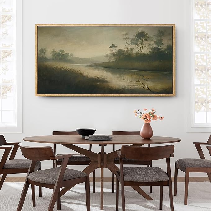 SIGNFORD Extra Large Framed Canvas Print Wall Art Misty River with Trees Tranquil Nature Landscape Illustrations Modern Art Relax/Calm Warm for Living Room, Bedroom, Office - 60"x30"