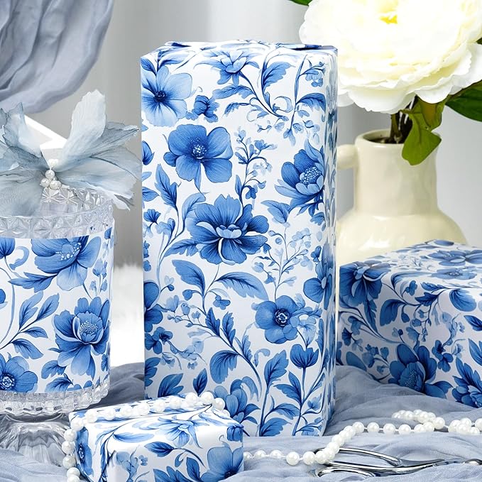 MAYPLUSS Blue Floral Wrapping Paper Roll - 17 Inch x 33 Feet, Blue White Flower Design Gift Wrap for Mother’s Day, Wedding, Bridal Shower, Birthday