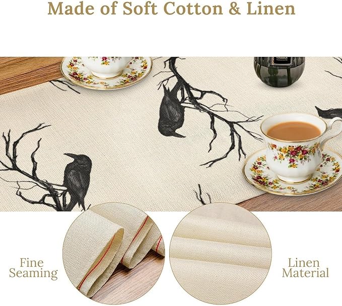 Gothic Table Runner, Black Cat Day of Death Crow Skull Halloween Witchy Retro Coffee Table Center Decor for Home Kitchen Dining Patio Holiday Party Table Decorations 13x72 inches