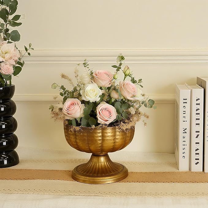 Retro Gold Vases for Centerpieces Set of 2 Brass Metal Vases for Flowers Decorative Pedestal Bowl for Table Centerpieces Floral Arrangments on Housewarming Wedding Party