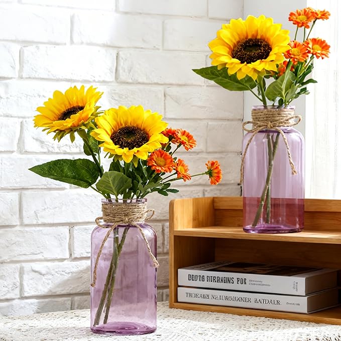Vintage Glass Flower Vase，6 Pack Farmhouse Purple Glass Centerpiece Vases Mason Jars for Weddings, Parties & Home Decor Bulk (6, Purple)