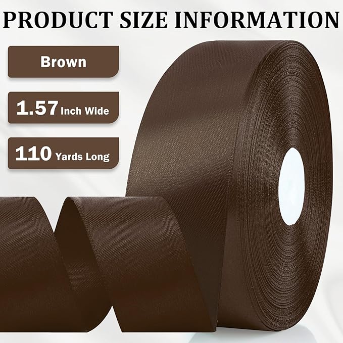 XSEINO 110 Yards Ribbon,1 1/2 Inch Brown Satin Ribbon for Flower Bouquet, Gift Wrapping, Ribbons for Crafts, Hair Bows Making, Wedding Party Decoration, Sewing, Invitation Cards, Christmas